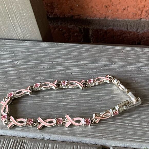 BREAST Cancer Ribbon Bracelet With Pink Stones - Picture 1 of 8